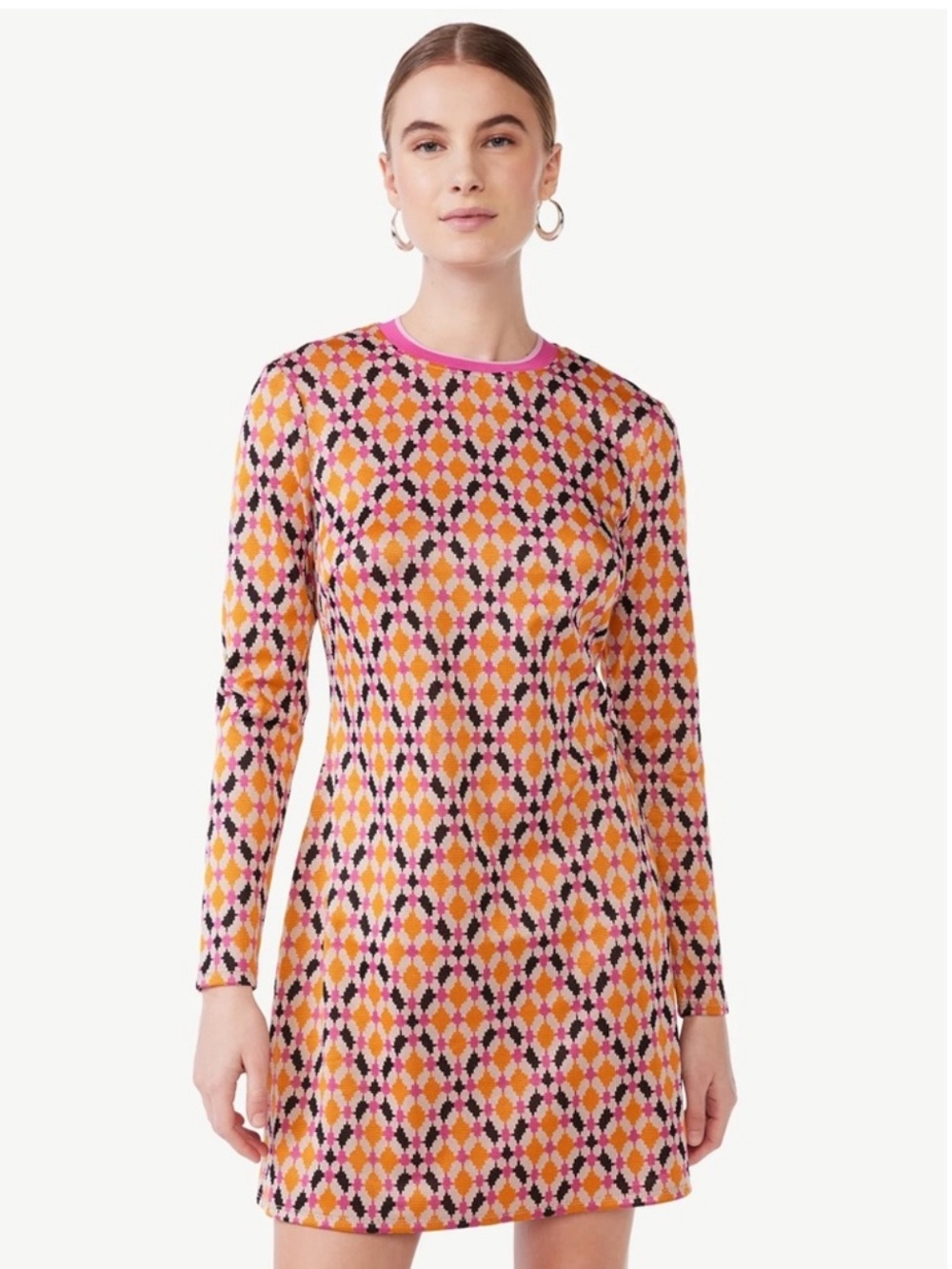 Scoop NYC Geo Jacquard Mini Dress XL 16-18 Pink Orange Black Retro Long Sleeve